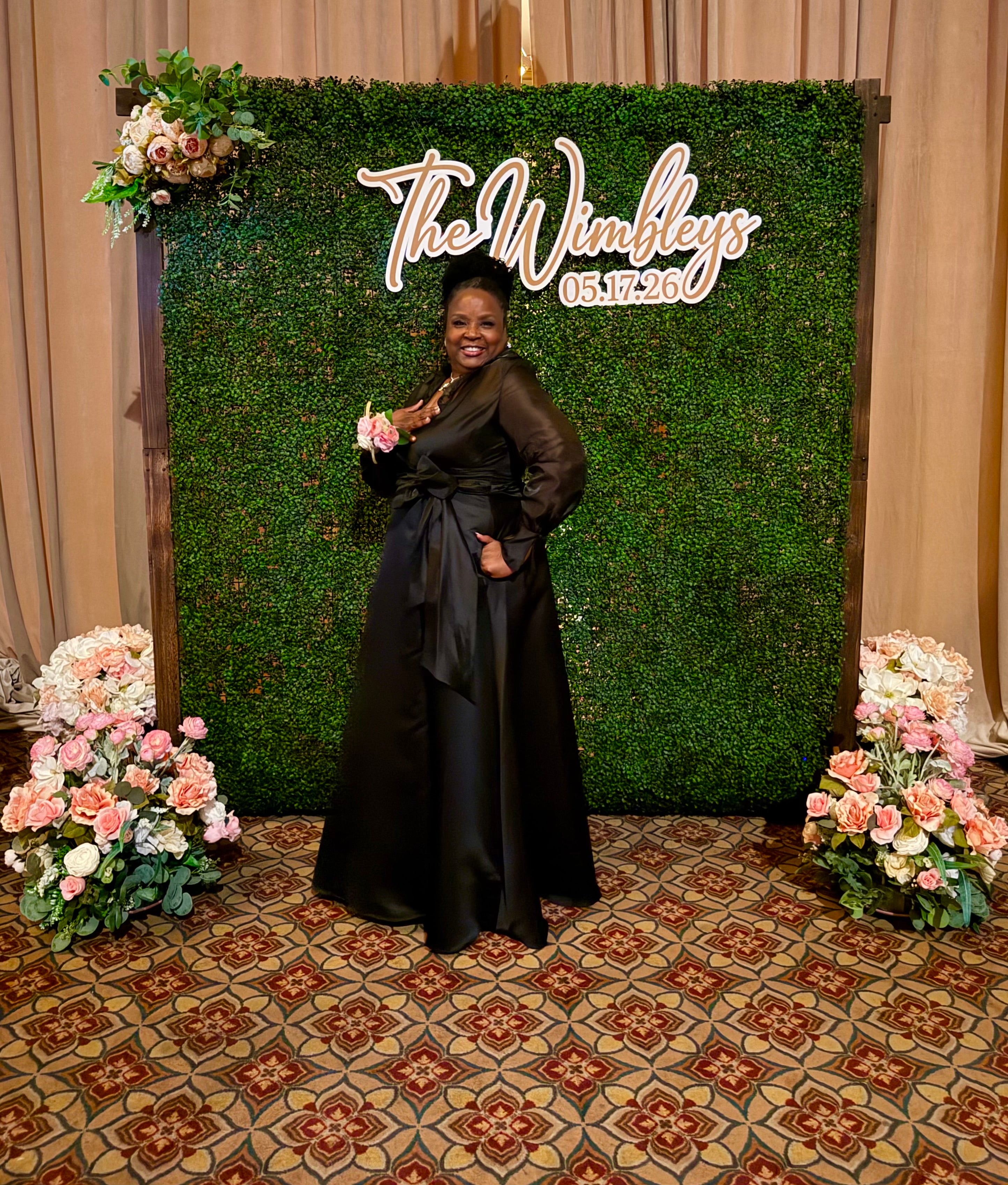 Faux Grass Wall Rental with Custom Sign and Faux Flowers 9ft-10ft